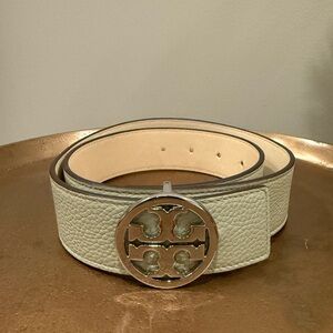 Tory Burch Ivory Textured Belt with Silver Buckle